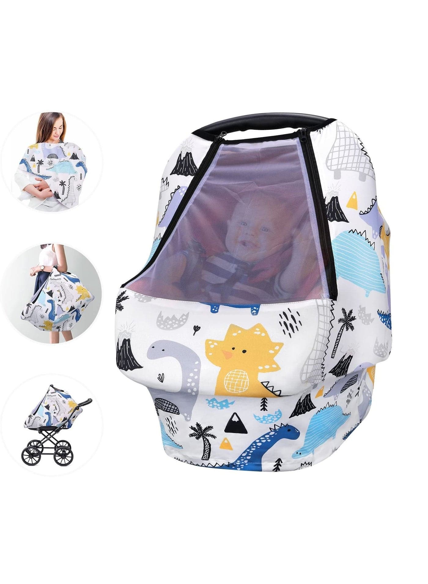 Car Baby Seat Covers case, Stroller Canopy with Breathable Zipperable Peep Window, Mosquito Net, Elastic Wind Sun Protection Cute Cover for Girls Boys