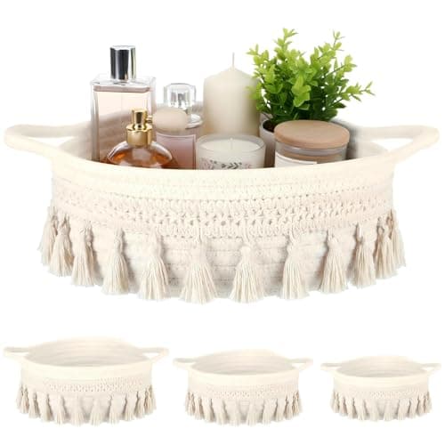 LemonRoad 3 Pcs Round Hand Woven Storage Basket with Handle Multi-size Cotton Rope Small Container Bin for Shelves Empty Gift Basket Closet Toilet Bathroom Nursery Dresser Organizer Boho Decor (White)