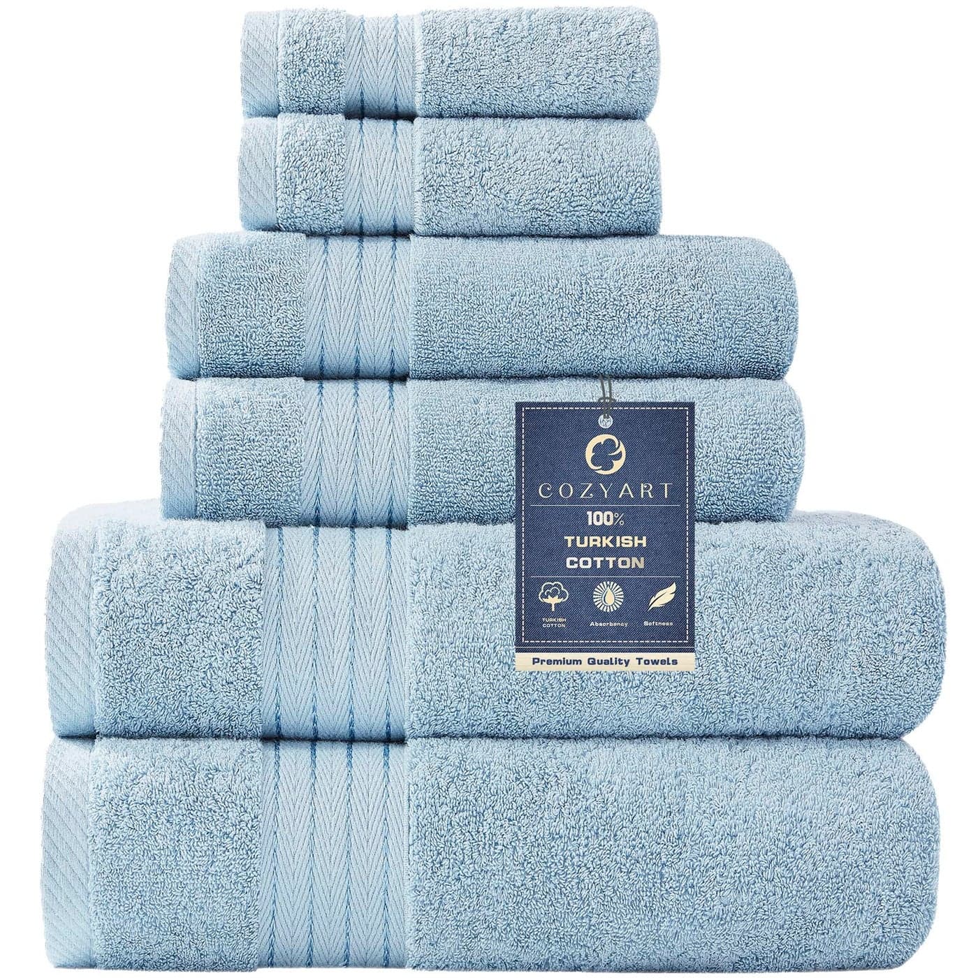 COZYART Light Blue Towel Sets for Bathroom 6Pcs Turkish Cotton Bath Towel Set Soft Highly Absorbent and Durable 650 GSM Luxury Bathroom Sets with 2 Bath Towels 2 Hand Towels 2 Washclothes