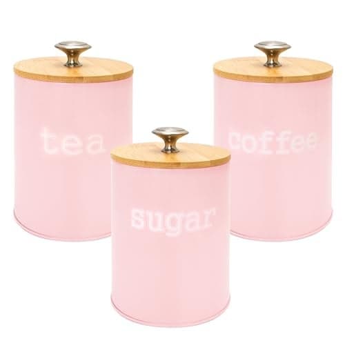 3PCS Pink Kitchen Canister Set 6.1" x 3.7" Matte Condiment Pot Metal Tin Jar Container with Bamboo Airtight Lid to Store Dry Food Spices Coffee Tea Sugar Storage Accessories for Bar Counter Farm House