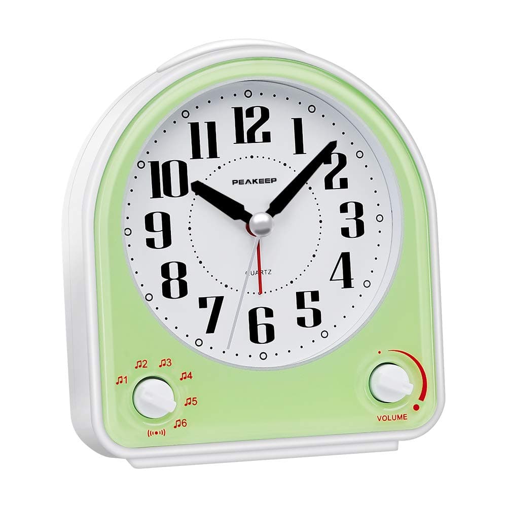 Peakeep Analog Alarm Clock NonTicking Silent Optional 7 Wakeup Sounds with Volume Control Nightlight and Snooze AA Battery Operated Green