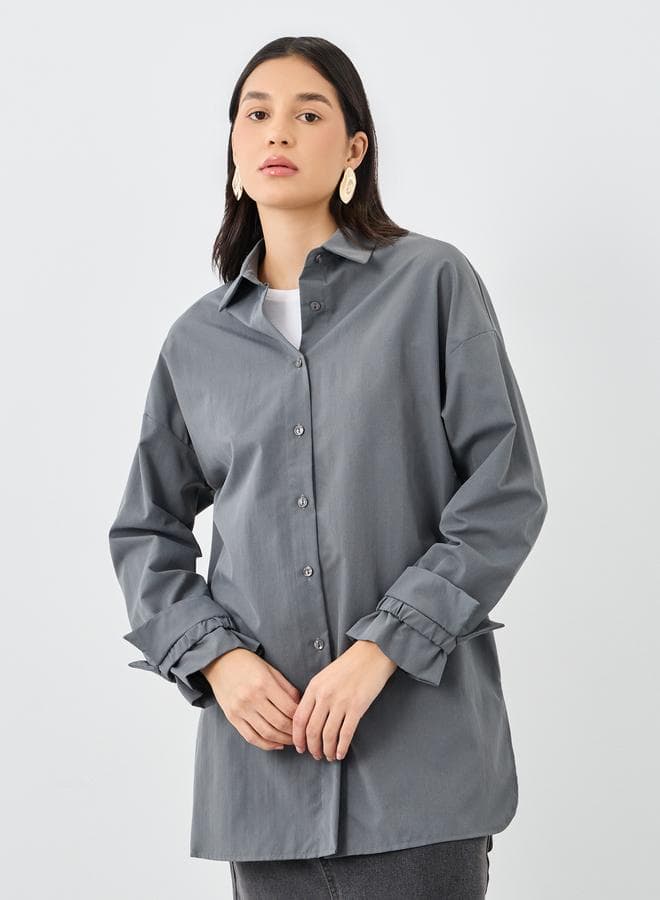 Women Grey Tie Cuff Longline Shirt