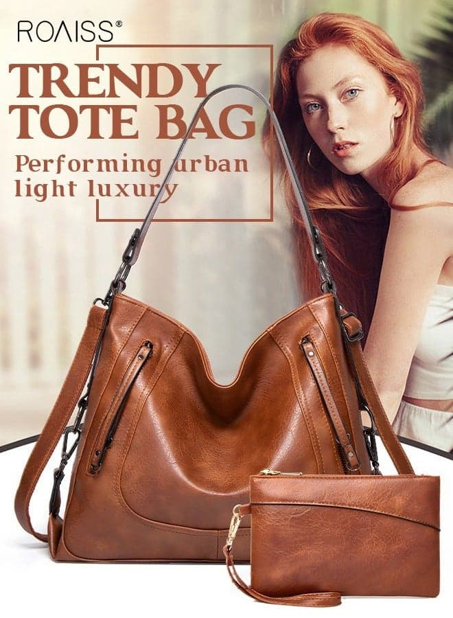 Women's PU Leather Large Crossbody Bags Ladies Shoulder Handbags Purse 2-Piece Set for Women Hobo Totes Purses and Handbags Shoulder Bag Vegan Leather Tote Adjustable Waterproof Daypack Brown