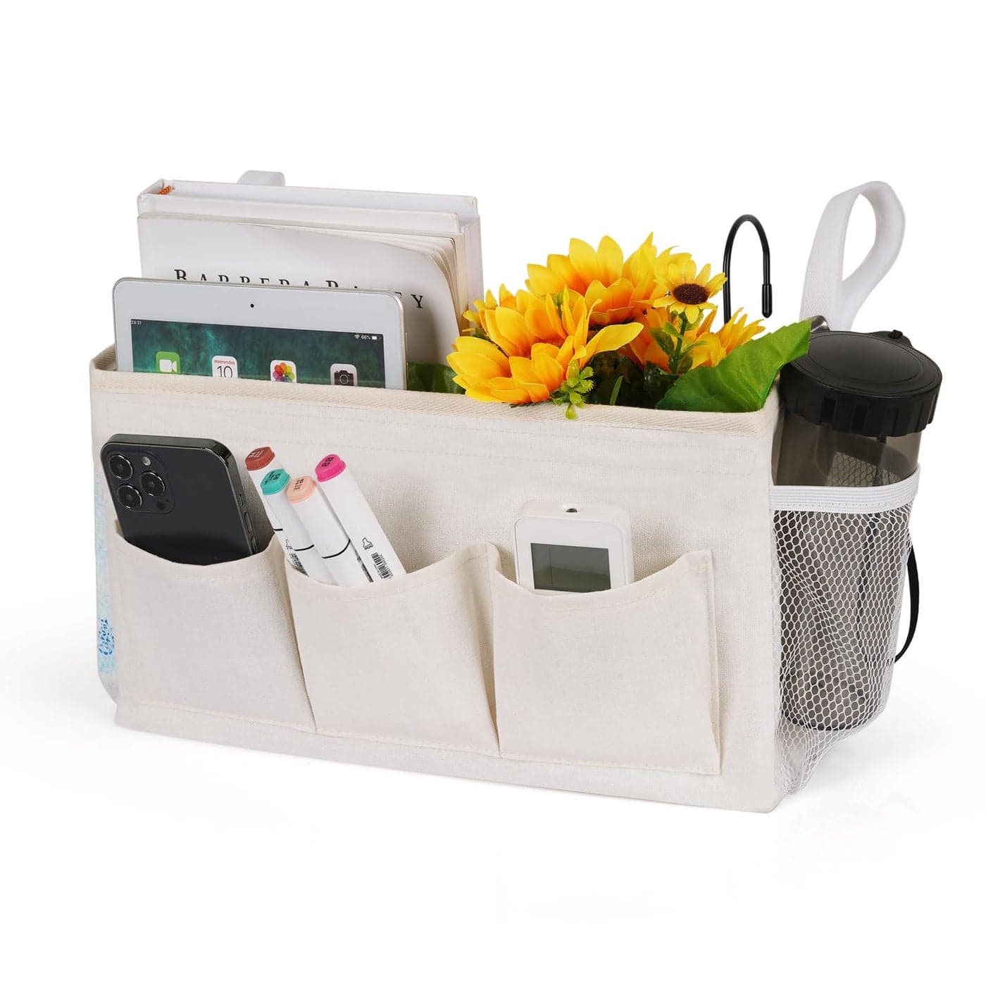Ozzptuu Bedside Storage CaddyBedside Hanging Storage Bag for Headboards Bunk Beds Dorm Rooms Book Phone Magazine Holder New White