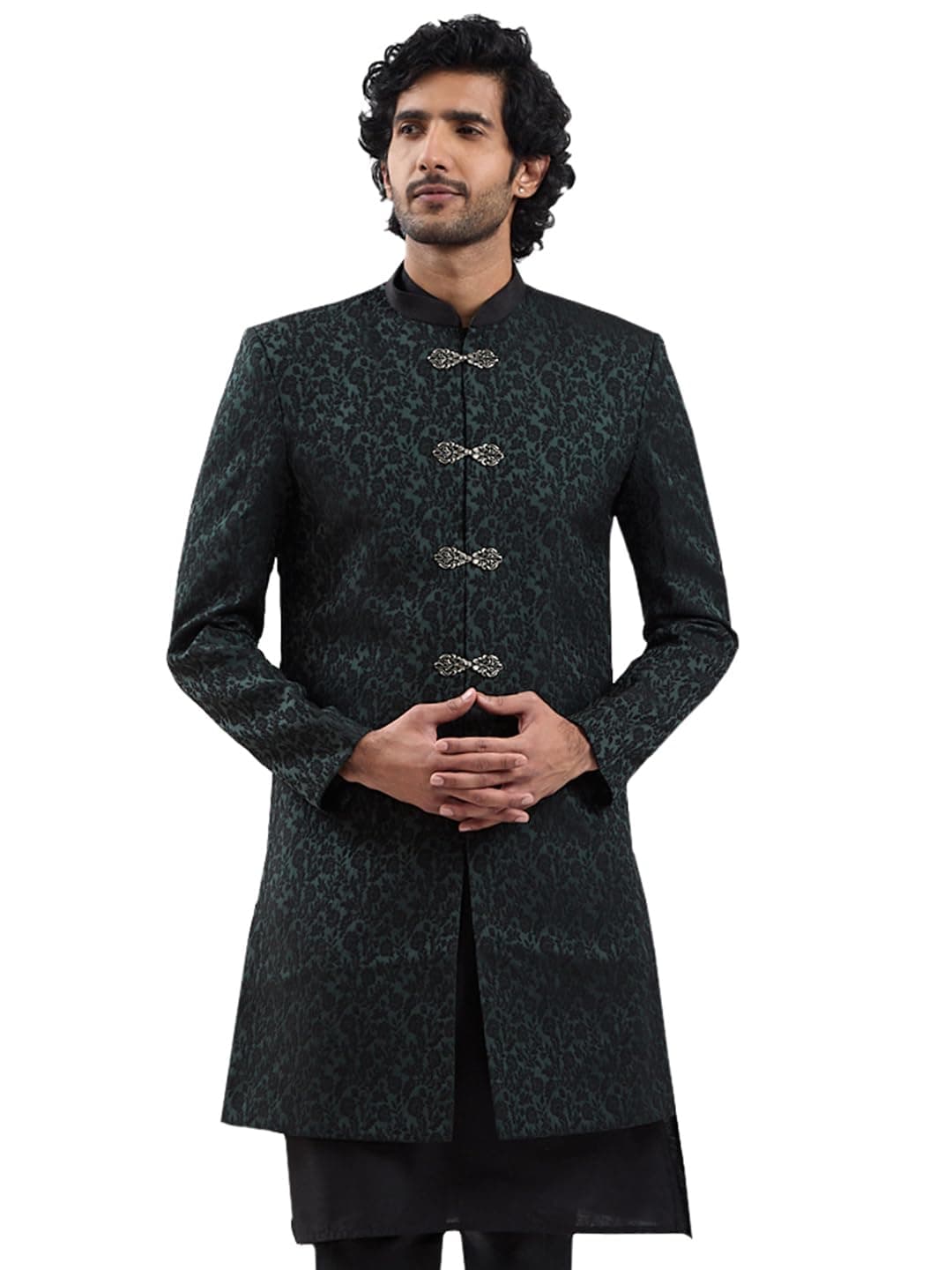 VASTRAMAY Men's Green Silk Blend Sherwani Only Top - Silk Blend Jacquard Indo Western for Men