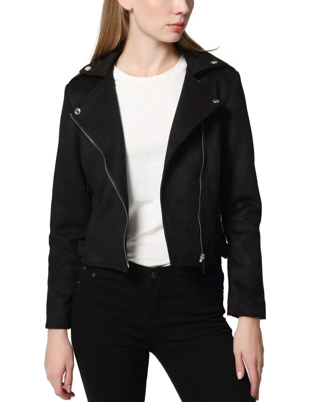 CHARTOU Women's Fall 2023 Fashion Faux Suede Leather Casual Moto Biker Jacket Coats (X-Small, Black)