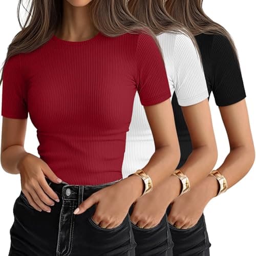 Ficerd 3 Pack Women's Ribbed T-Shirts, Cotton Short Sleeve Basic Tees Crew Neck Fitted Tops Summer Casual Shirts 2025 Trendy(Black, White, Red,Small)