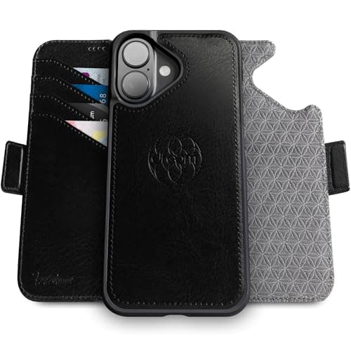Dreem Wallet Case for iPhone 16 Plus Revolutionary VertHor Phone Stand Magnetic Detachable Vegan Leather Flip Cover RFID Blocking Card Holder MagSafeFit Gift Box Fibonacci Black
