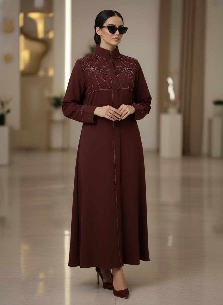 Bold And Modern Maroon Cobra Crepe Abaya Mandarin Collar Edition