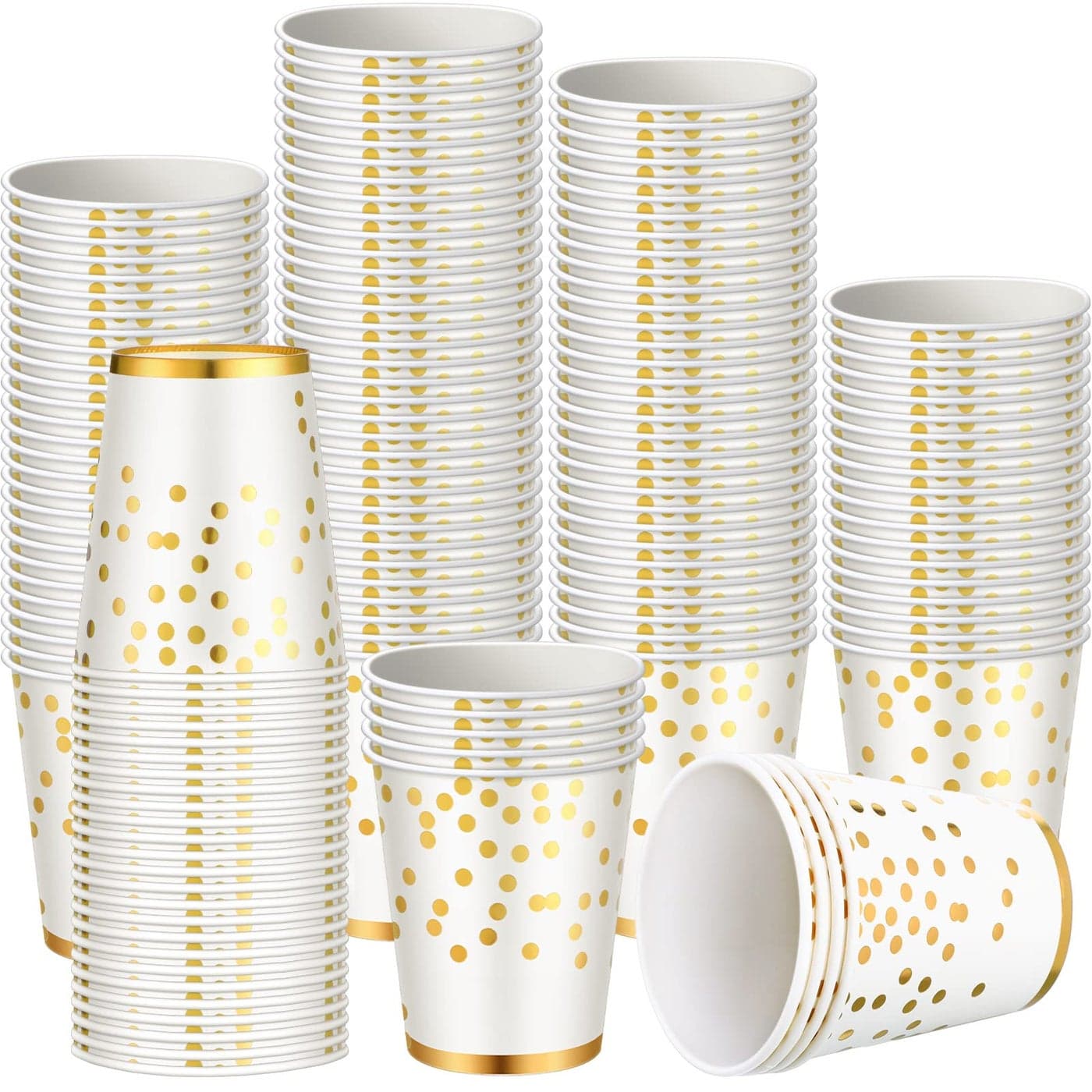 Dingion 200 Pcs Gold Paper Cups Disposable Glitter Foil 8oz Holiday Hot Cold Drinks Dot Disposable Coffee Tea Cups for Wedding Party Anniversary White