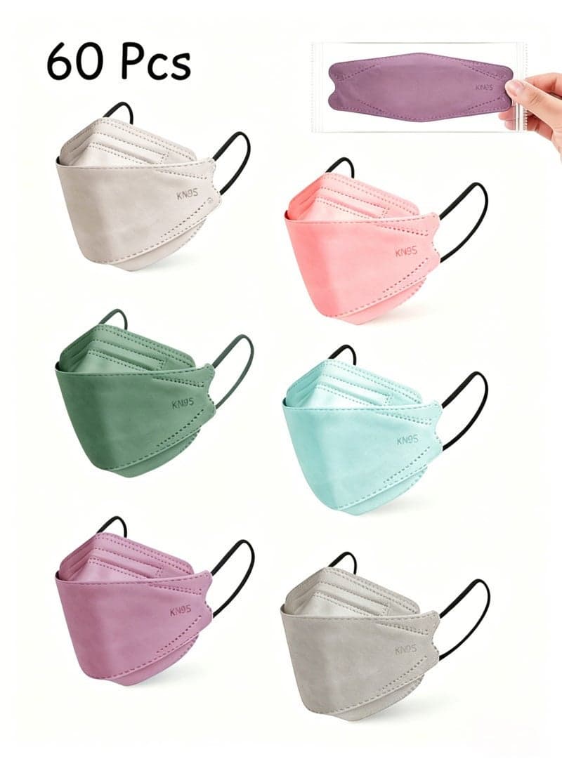 60PCS KN95 Disposable Face Mask, Individually Packaged, Fish Mouth Type 4-Ply Breathable Mask with Adjustable Nose, Daily Use