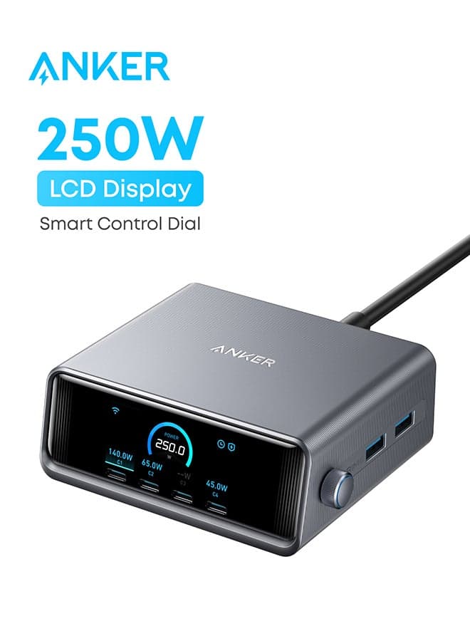 Anker Prime 250W USB C Charger, Ultra-Fast 6-Port GaN Charging Station, 2.26" LCD Display and Smart Control Dial, Compatible with MacBook Pro/Air, iPhone 17/16/15, Huawei, Samsung, iPad and More Silver