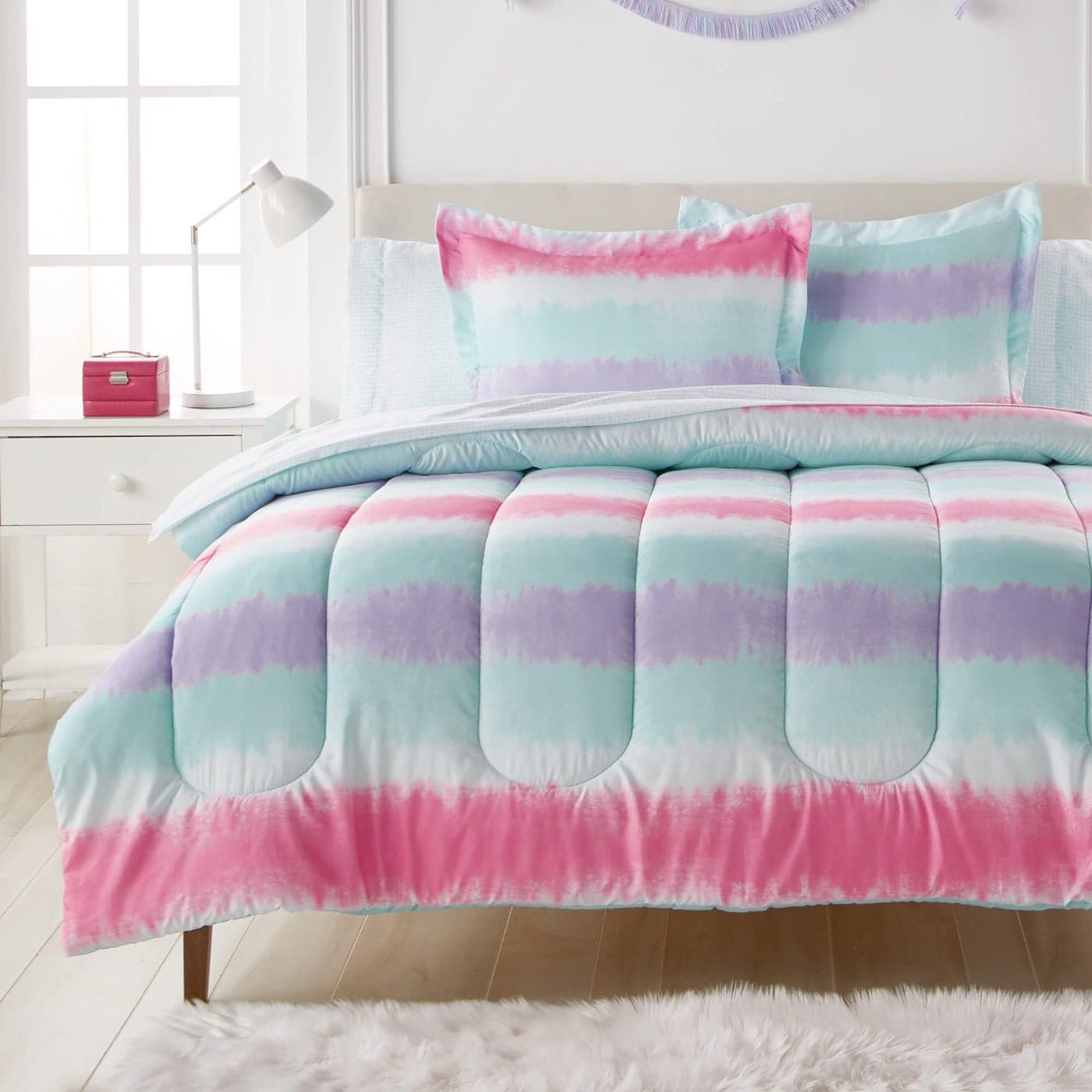 dream FACTORY Tie Dye Stripe 5Piece Microfiber Bag Comforter Bedding Set Super SoftTwin Purple Multi2D871601MU