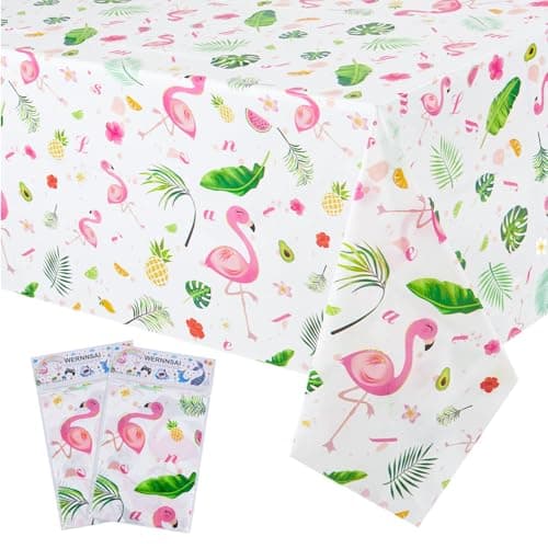 WERNNSAI 2 PCS Flamingo Table Cloths Flamingo Birthday Decorations Summer Hawaiian Tablecloths Tropical Luau Table Cover for Kids Girls Pool Beach Picnic Party Supplies 108x 54