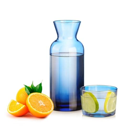 Wrenbury Blue Bedside Water Carafe and Glass Set - 23oz Pitcher with Cup for Nightstand - Vintage Decanter - Blue Mist