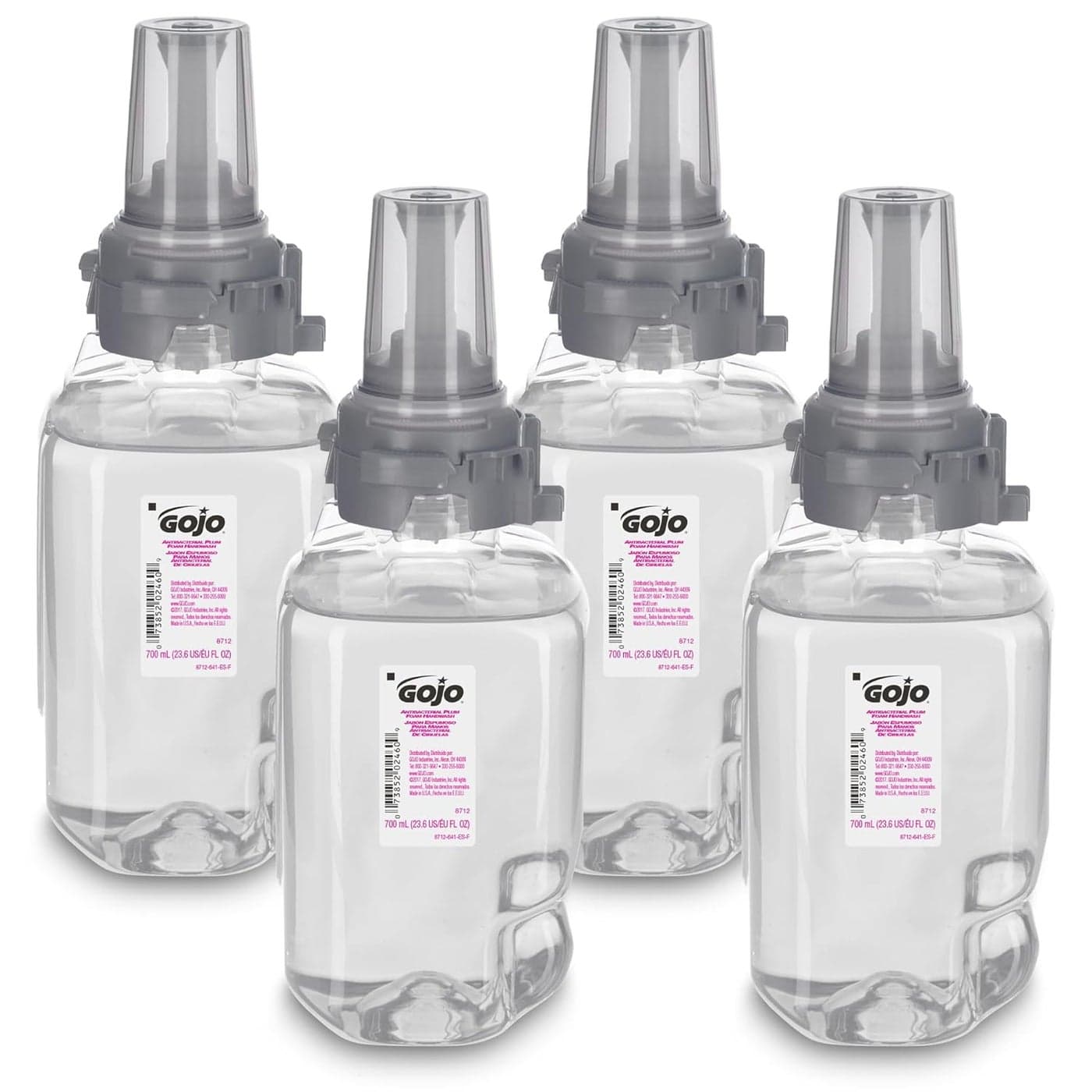 GOJO Antibacterial Foam Handwash, Plum Fragrance, 700 mL Foam Hand Soap Refill ADX-7 Push-Style Dispenser (Pack of 4) - 8712-04