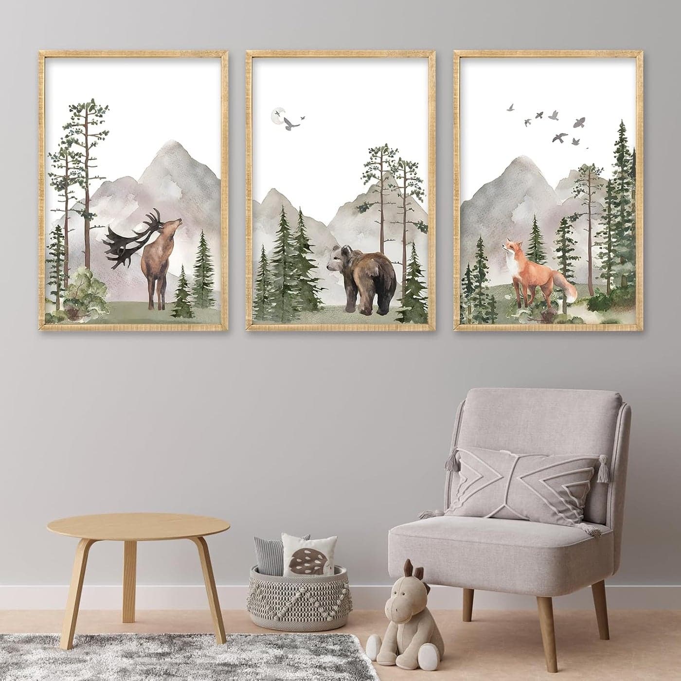 Set Of 3 Wild Woodland Nursery Animals Wall Art Decor 16x11 Inch Safari Foggy Forest Deer Bear Fox Posters Wood Framed Sign Jungle Childrens Boys Girls Room Watercolor Prints Hang Wood