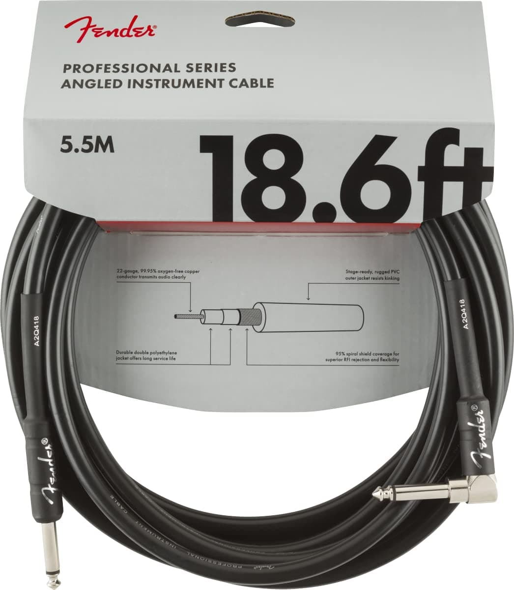 Fender Professional Series Instrument Cable, Straight/Angle, Black, 18.6ft