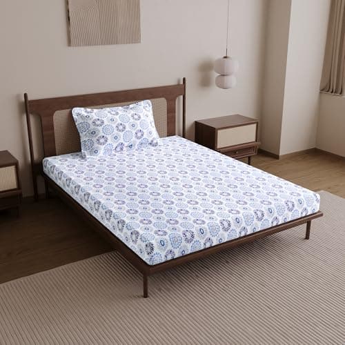 Divine Casa 144 TC 100% Cotton Bedsheet for Single Bed with 1 Pillow Cover (Size 145 X 223 cm, Floral, Soft Blue)