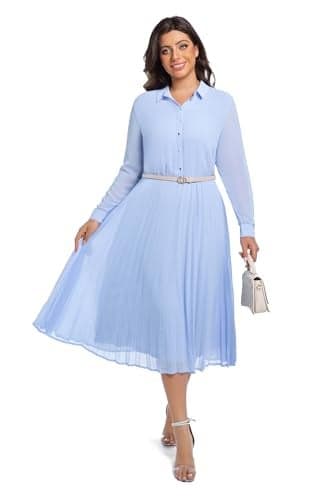AbleTree Business Casual Shirt Dress for Women Long Sleeves Pleated Midi Dresses with Belt Sky Blue
