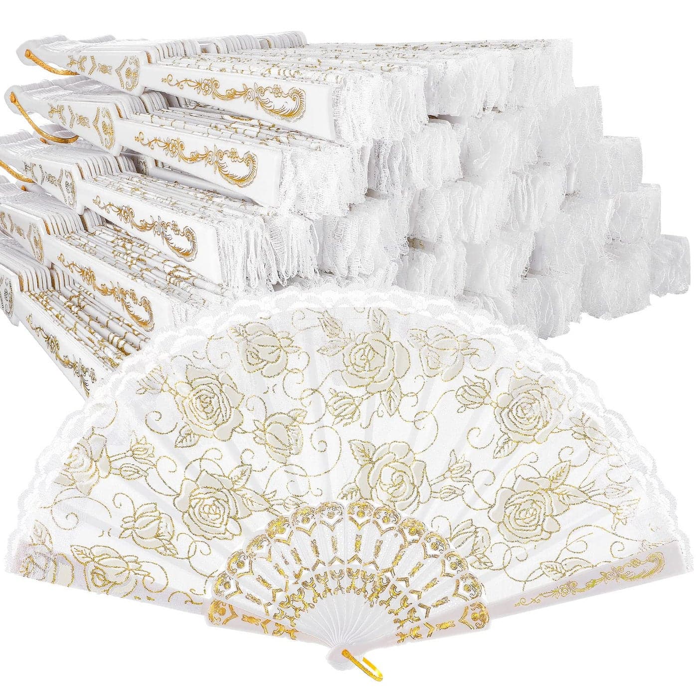 Yalikop 48 Pieces Rose Lace Floral Hand Fans Retro Elegant Chinese Folding Fan White Vintage Bridal Handheld Dancing Fan Props for Wedding Party Church Ladies Favors Gold