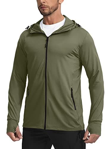 Men's UPF 50+ Light Jacket Full Zip Sun Protection Hoodie Long Sleeve Sun Shirts for Men Hiking Fishing Zip Pockets(Olive_XL)
