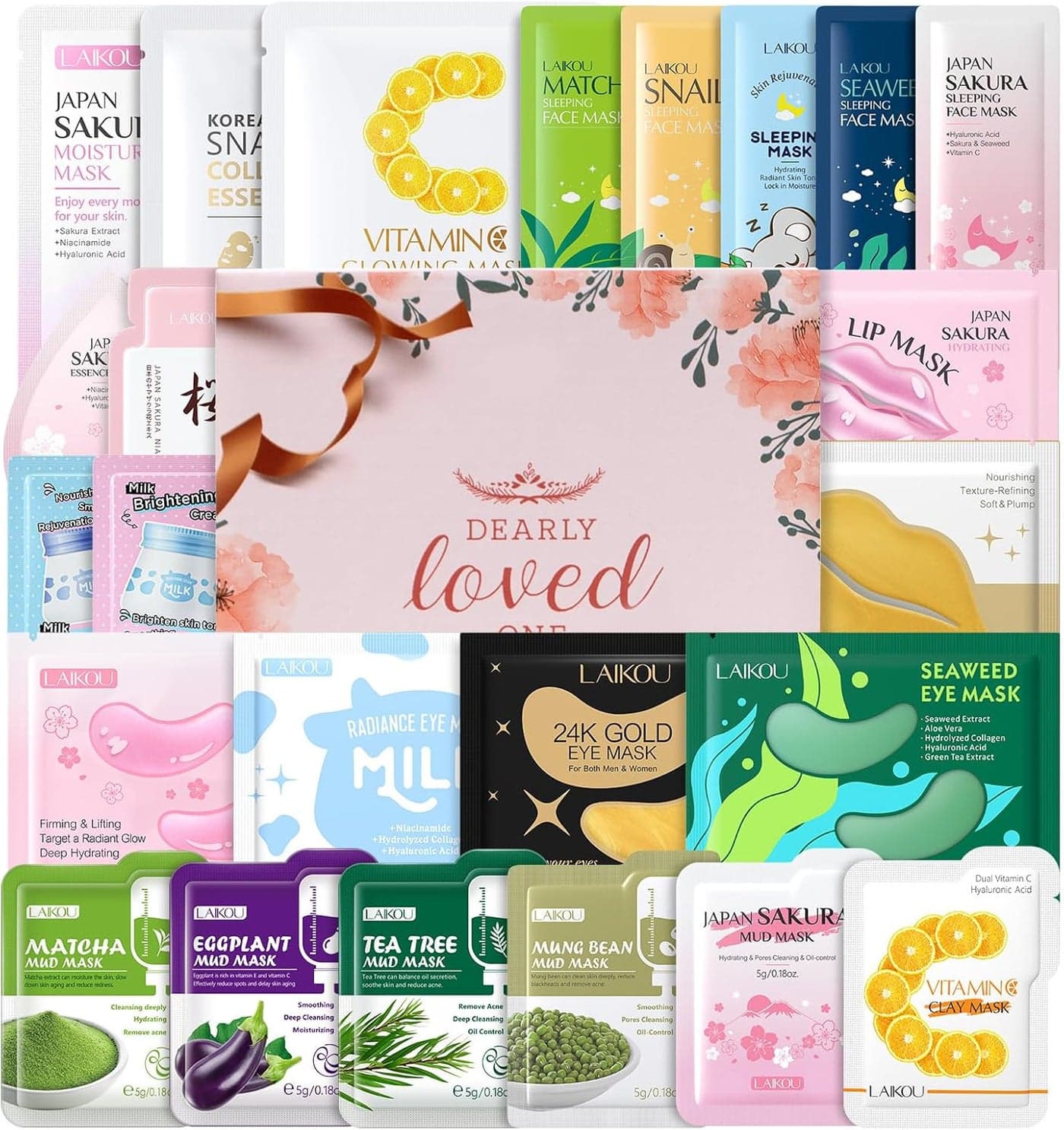 LAIKOU Face Mask Skincare Set 24 Pcs Pamper Gifts for Women 3 x Face Masks 5 x Sleeping Masks 6 x Mud Masks 4 x Face Creams 4 x Eye 2 x Lip Masks Care Package Gift Sets for Her Teenage Girls