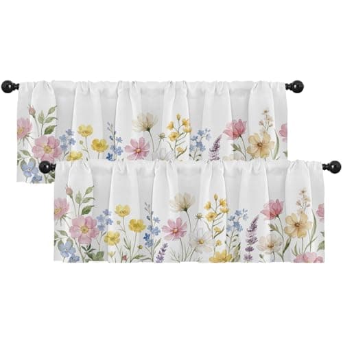 Emvency 2 Pack Valances Window Treatments, Spring Wildflower Flower Blackout Drapes Adjustable Curtain for Windows Living Room Kitchen Over Sink, 52x18 Inch Rod Pocket Valances
