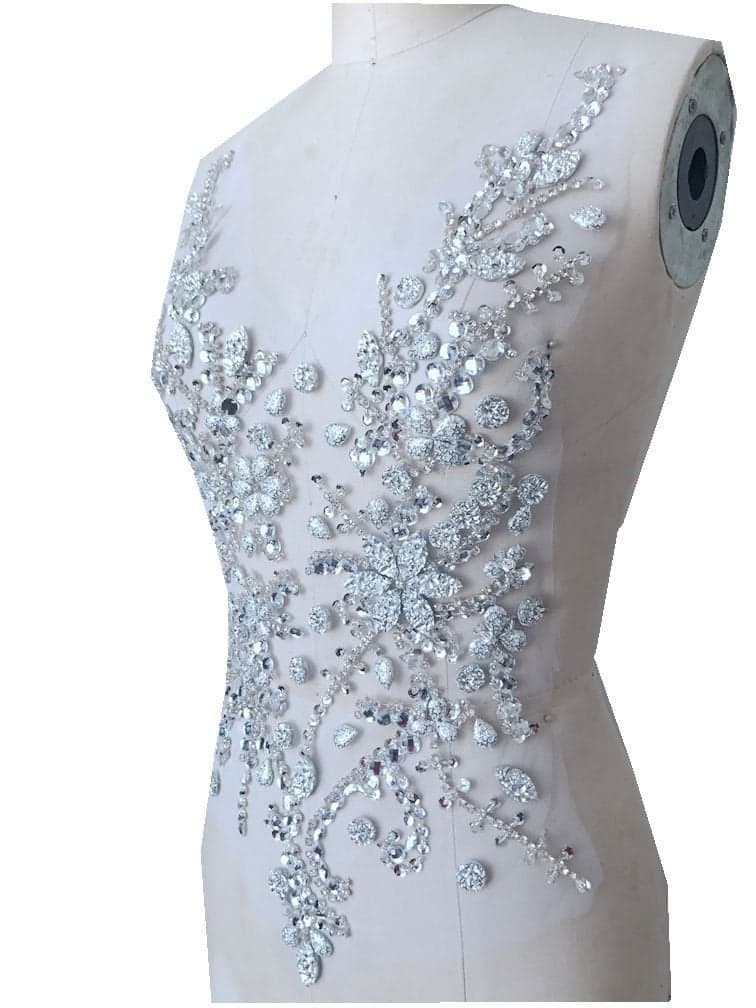 Zbroh Handmade Beaded Silver Crystal Bling Sew On Bridal Rhinestone Applique Motif Patch for Wedding Dresses DIY Decorative Clothes 50x30cm