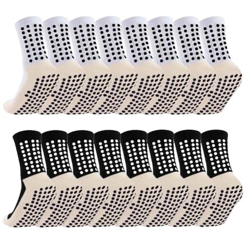 Ukontagood 8 Pack Men's Soccer Socks Anti Slip Non Slip Grip Pads for Football Basketball Sports Grip Soccer Socks White+Black