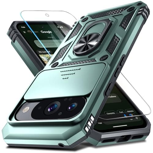Janmitta Case Compatible with Google Pixel 10/10 Pro Built in Slide Camera Lens Cover+Screen Protector+Finger Ring Holder Kickstand,Heavy Duty Shockproof Full Body Protective Phone Cover,Dark Green