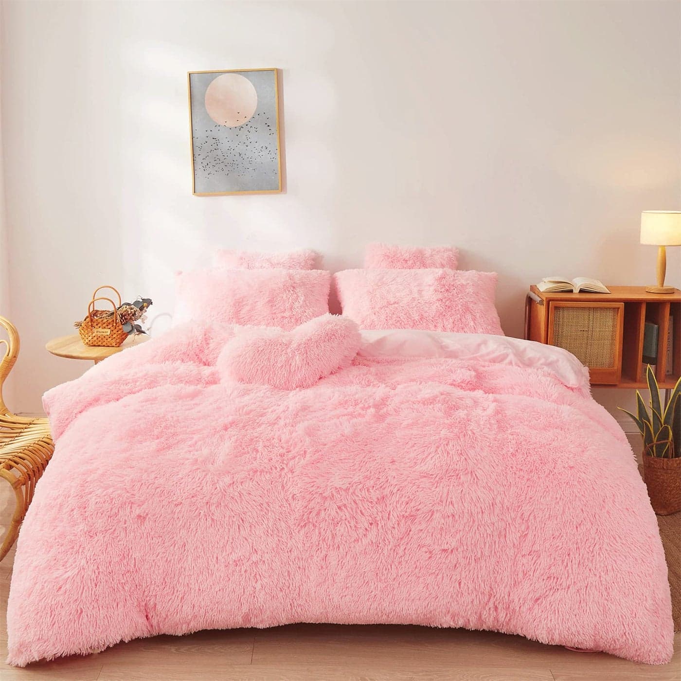 Pink Fluffy Comforter Cover Set King Ultra Soft Fuzzy Pink Bedding Sets 3 Pieces 1 Duvet Cover 2 Pillow case Fluffy Bed Set Light Pink King
