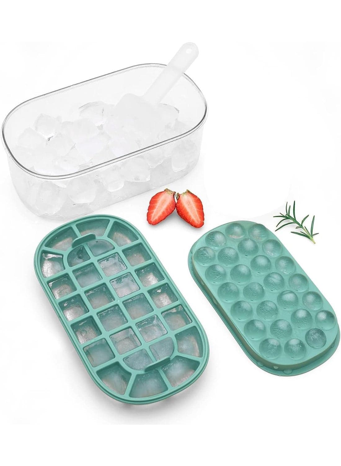 Mini Ice Cube Trays Set, with Lid and Bin, Ice Cube Trays for Freezer, Ice Cube Tray Making, Easy Release Ice Freezer Container Molds, for Tea, Coffee, Water, Outdoor Camping, Green
