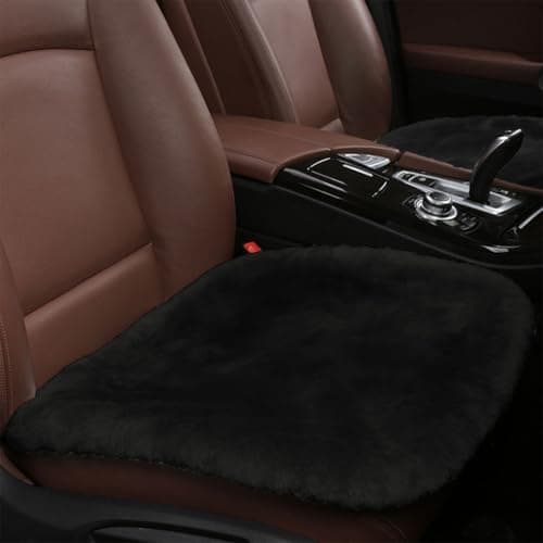 Sheepskin Car Seat Cushion Soft Comfort Winter Driver Seat Cover Fluffy Faux Fur Front Seat Pad Car Seat Protector Pad for Office Chair Universal Interior Accessory for Car SUV Truck Black
