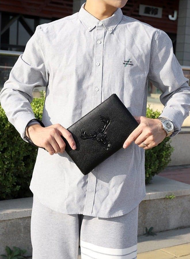 Men's Leather Clutch Bag Pattern Embossed Printing Portable Handbag Super Slim Anti-Theft Minimalist Textured Large Wallet Card Case Gift for Men Multi Compartment Zipper Soft and Lightweight Commuter Bag Black