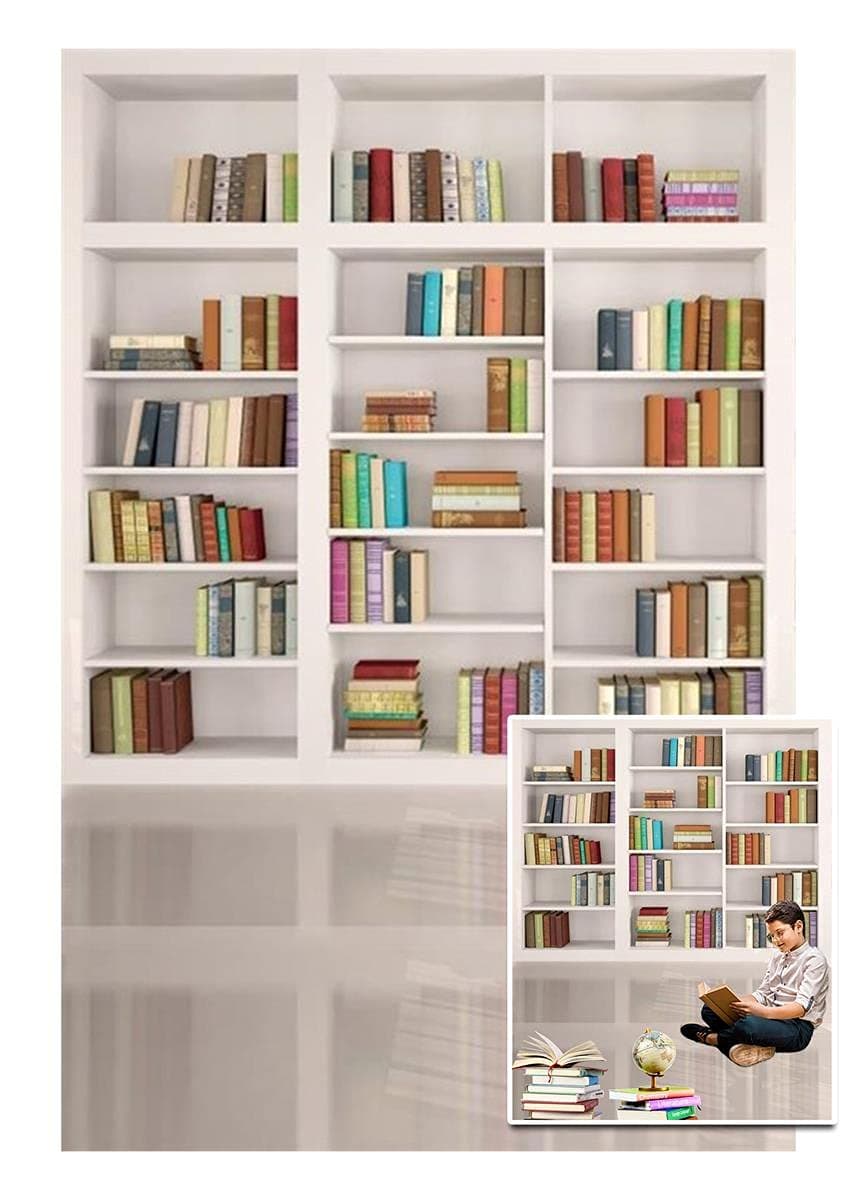 AOFOTO 4x6ft Modern School Bookcase Background Library Books Shelves Study Bookrack White Bookshelf Backdrop with Floor for Photography Students Teachers Portrait Photoshoot Vinyl Photo Studio Props