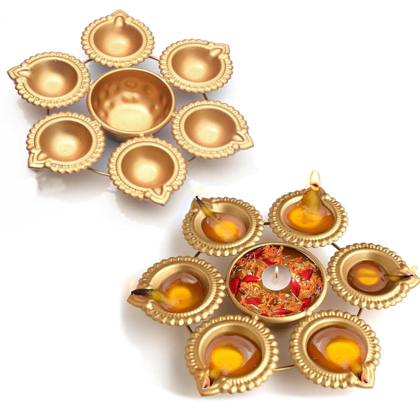 Pure Source India Handcrafted Diya Shape Flower Decorative Urli Bowl | for Floating Flowers and Tea Light Candles | Home and Office Decor | Diwali Decoration Items - Mini 7 inch, Set of 2 Pieces