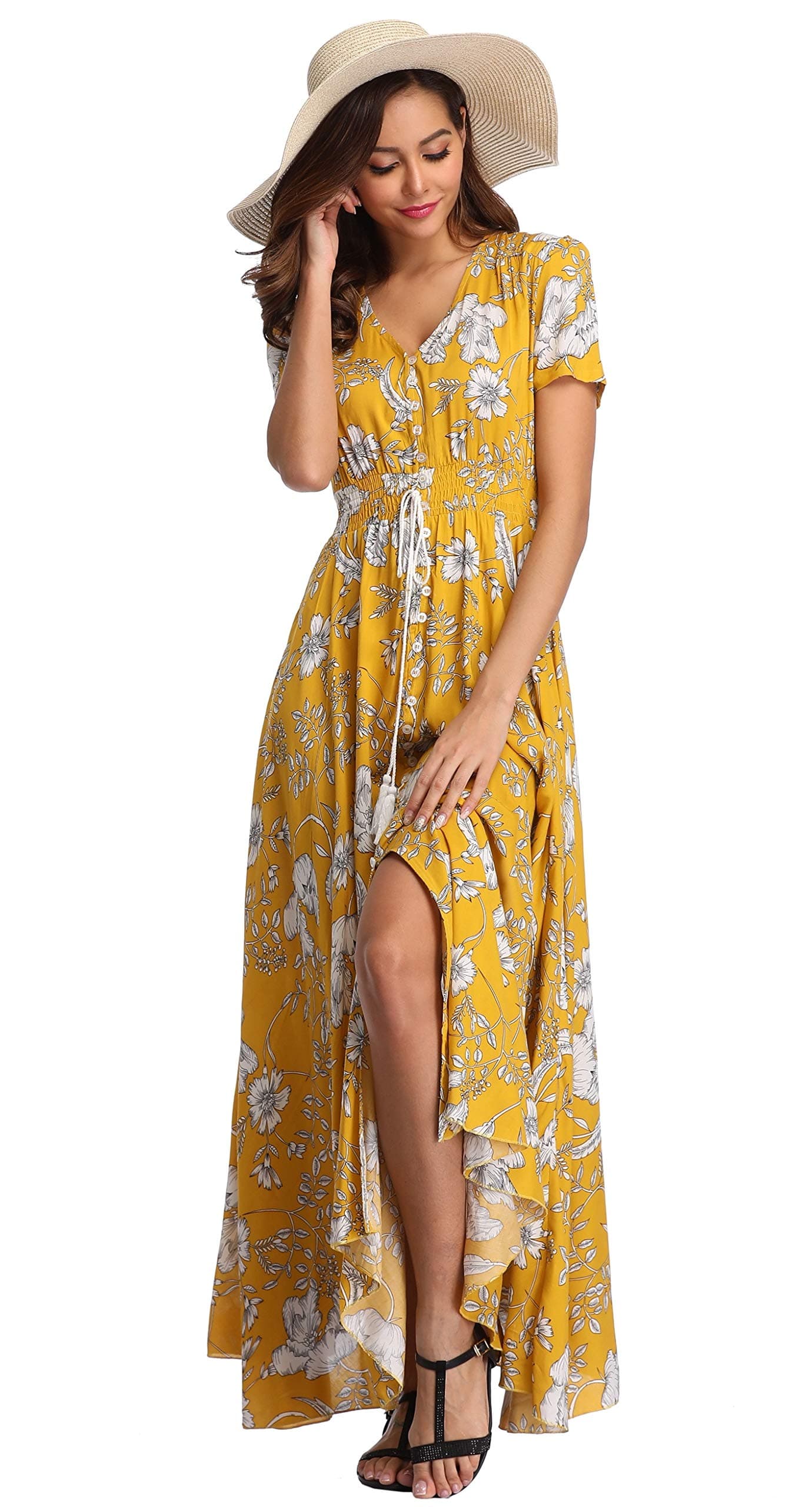 VintageClothing Womens Floral Maxi Dresses Boho Button Up Split Summer Casual Long Dress Beach Party Dress YellowFloral L
