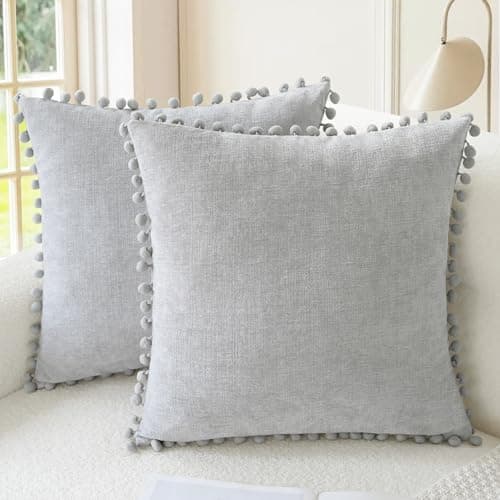 CaliTime Throw Pillow Covers Decorative 20 X 20 Inches Pack of 2 Cozy Solid Dyed Soft Chenille Cushion Cases with Pom Poms for Couch Sofa Bed Living Room Home Moonbeam Gray