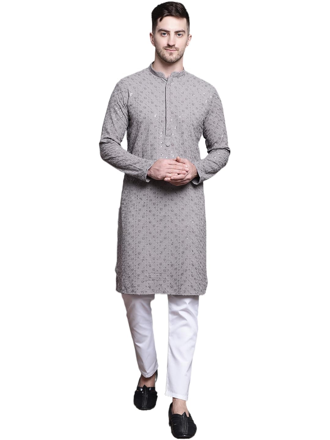 Jompers Men's Sequin Embroidered Pure Cotton Kurta with Pyjamas (Grey, L)