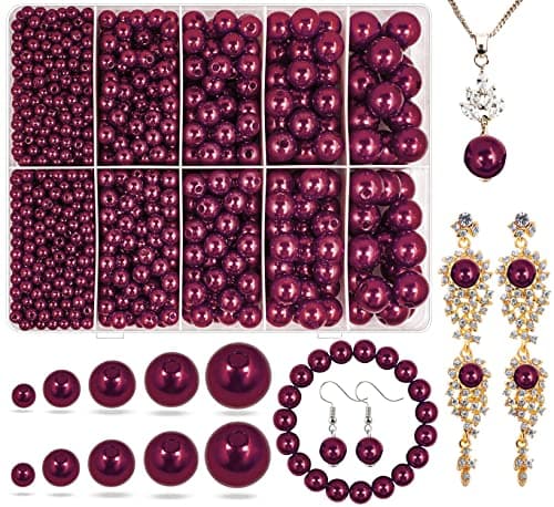 Claret Red Pearl Beads for Jewelry Making 1750pcs WineRed Pearl Craft Bead with Hole 4mm 6mm 8mm 10mm 12mm Loose Spacer Bead for Necklace Bracelet Earrings Ring Choker Wedding Dress Decor Claret