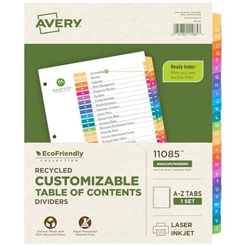 Avery EcoFriendly Recycled Dividers for 3 Ring Binders, A-Z Multicolor, 26 Tabs, Ready Index Customizable Table of Contents, 1 Set (11085)