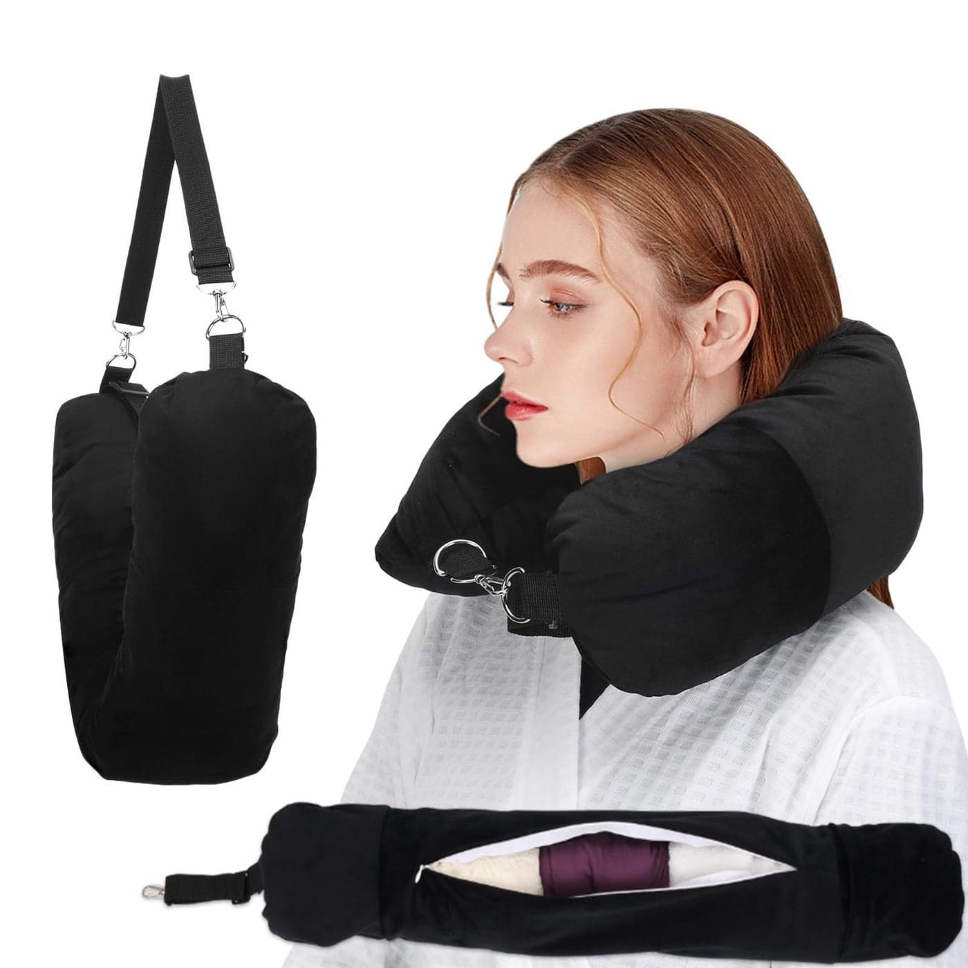 NK HealthCare Stuffable Travel Pillow Stuffable Neck Pillow for Travel Travel Neck Pillow Stuffed with Clothes Storage No Extra Baggage Fees Fits 5 Days of Travel Essentials No Filler Black