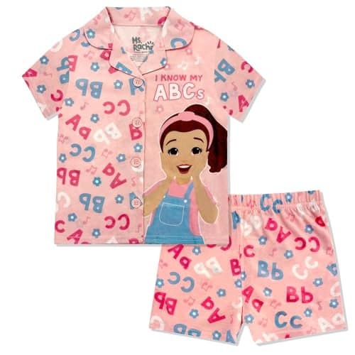 Ms. Rachel Girls Pajama Set - 2 Piece Cozy Girls Pjs, Button Down Short Sleeve & Shorts For Toddler Kids - Official Product Pink