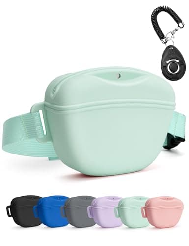 heouvo Dog Treat Pouch with Training Clicker, Upgrade Stronger Magnetic Closure to Avoid Spilling, 1.67 Cup Silicone Treat Bag Fanny Pack with Waist Belt for Pet Training Walking (Green)