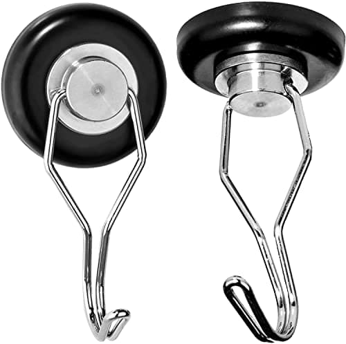 Mavoro Strong Magnetic Hooks for Hanging. Up to 65 lbs. Set of 2 Black Magnet Hooks Heavy Duty Magnets, Neodymium 52 Rare Earth Magnets. Rotating Swivel Style Magnet Hook for Refrigerator, Locker etc