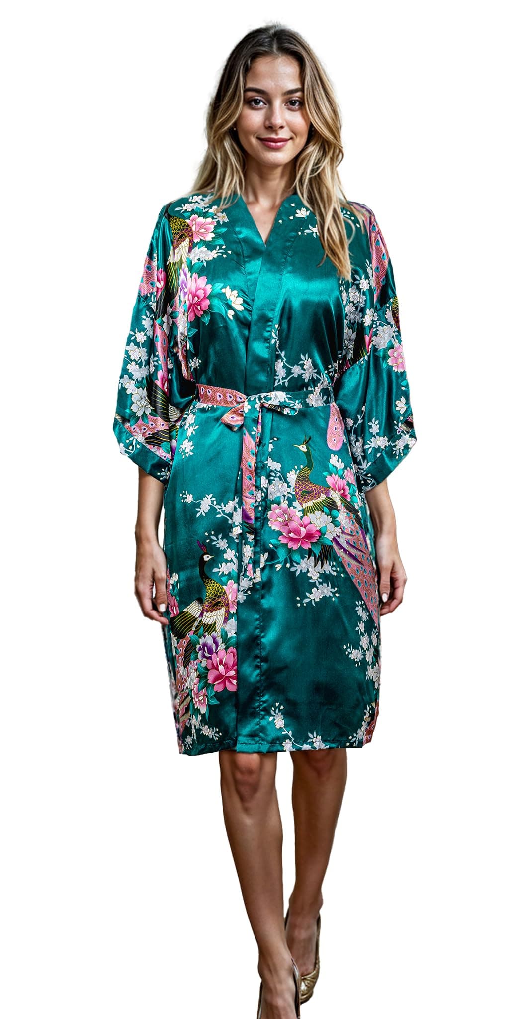 CCcollections Kimono robe long 16 colors PREMIUM Peacock bridesmaid bridal shower womens gift (Green Dark)