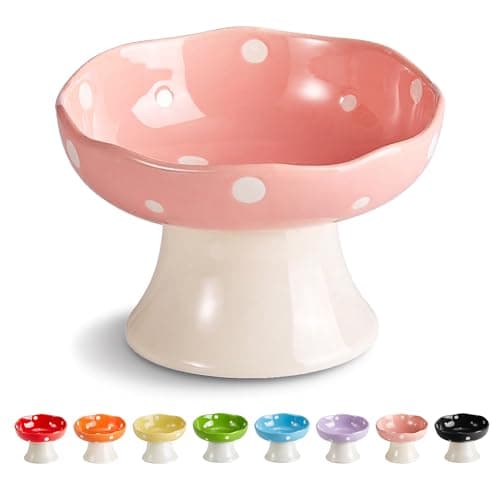 TRUNDISAN Mushroom Shaped Ceramic Elevated Cat Bowl Tilted Whisker Friendly Feeding Dish for Indoor Cats Wide Raised Pet Bowl Dishwasher Safe Pink
