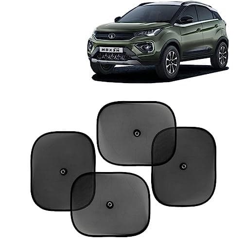 KINGSWAY Car Window Curtain Sticky Sun Shades Compatible with Tata Nexon, (Year 2020-2023), Universal Fit Sunshades for Side Window, Rear Window, Black Color, 4 Pieces