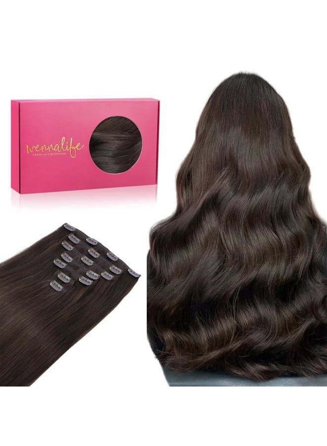 WENNALIFE Clip in Hair Extensions Real Human Hair, 14 Inch 120g 7pcs Human Hair Extensions, Light Dark Brown Hair Extensions Clip In Real Hair Coloured Remy Human Hair Extensions